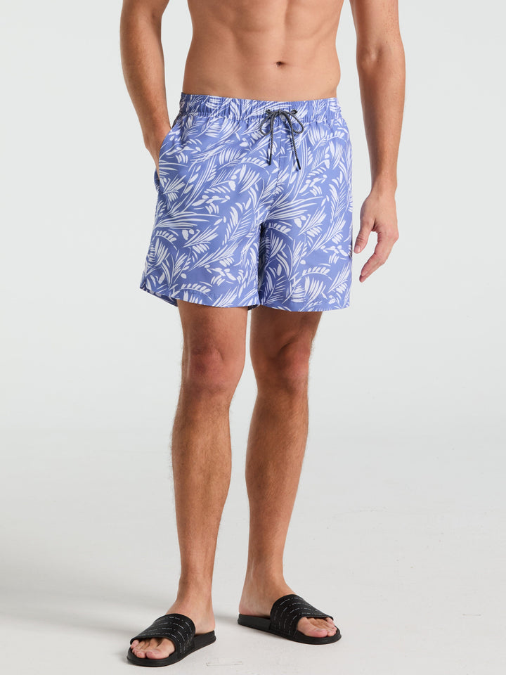 7" Leaf Print Swim Short (Bleached Denim)