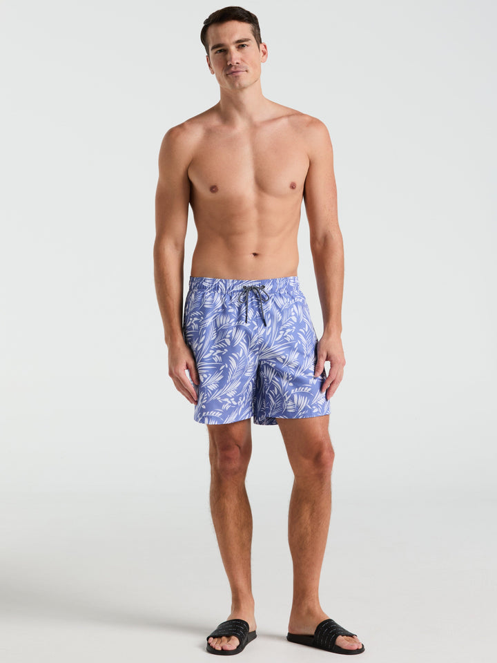7" Leaf Print Swim Short (Bleached Denim)