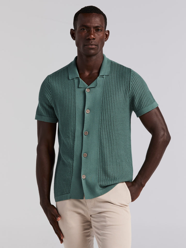 Cotton Jacquard Open Stitch Button Front Sweater (Sea Pine)
