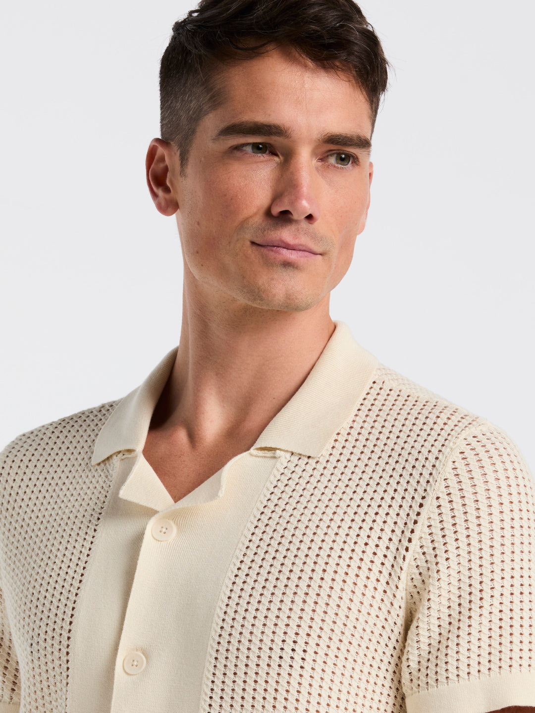 Cotton Jacquard Open Stitch Button Front Sweater (Birch)