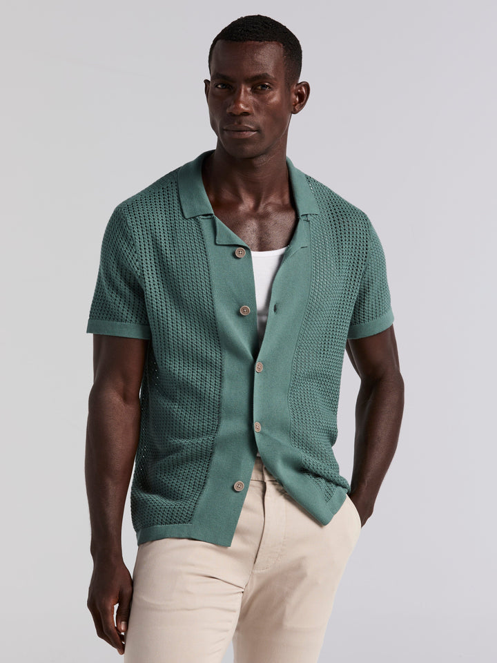 Cotton Jacquard Open Stitch Button Front Sweater (Sea Pine)