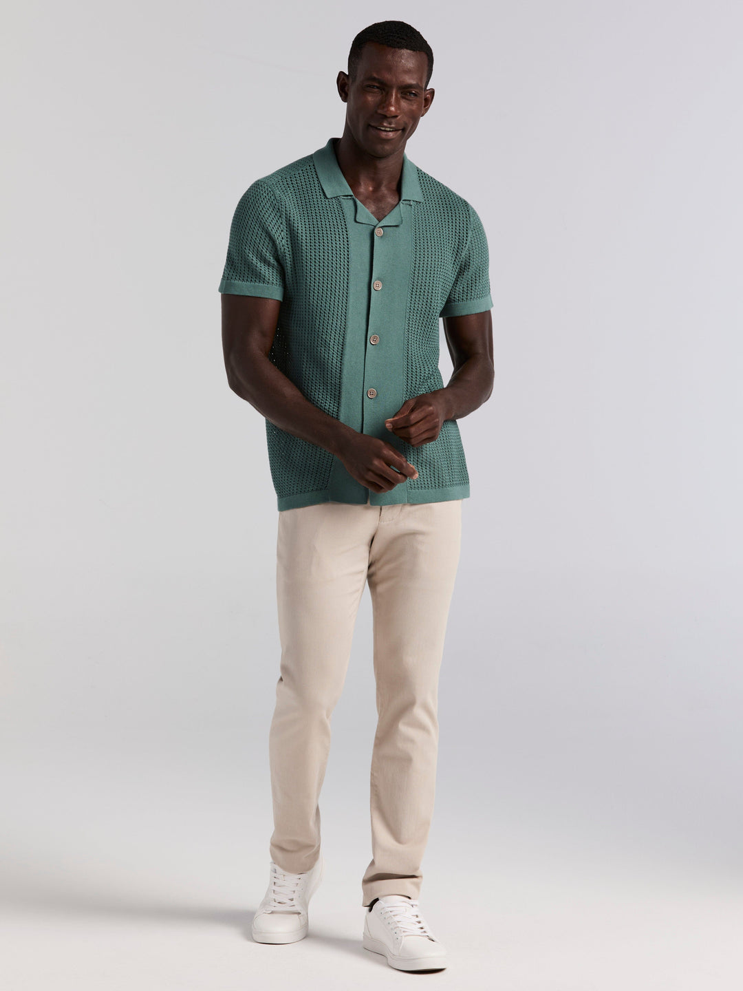 Cotton Jacquard Open Stitch Button Front Sweater (Sea Pine)