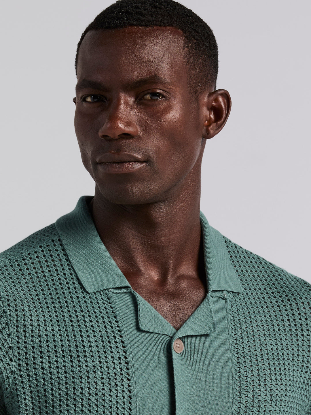 Cotton Jacquard Open Stitch Button Front Sweater (Sea Pine)