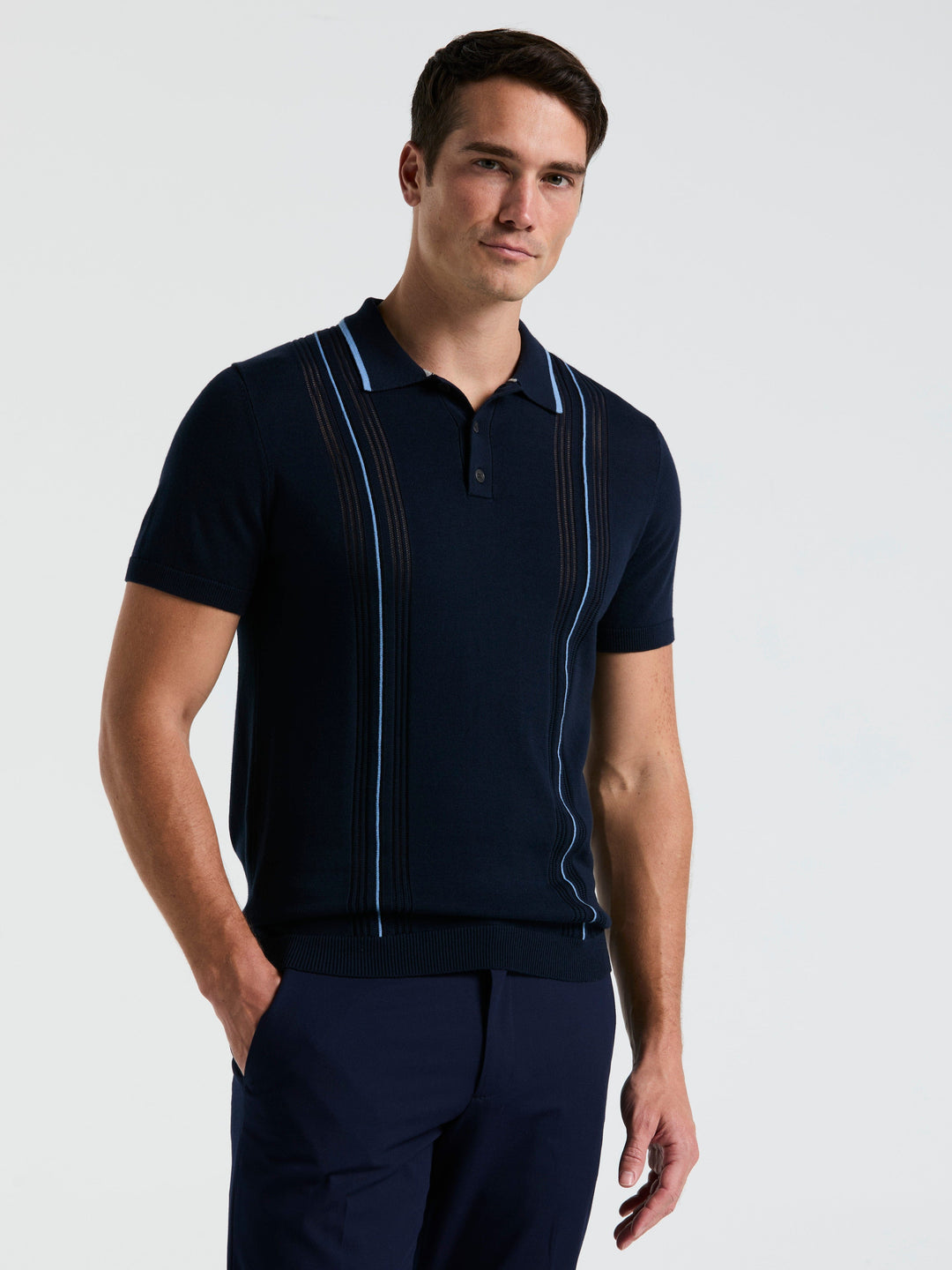 Cotton Mesh Vertical Stripe Print Button Polo (Dark Sapphire)