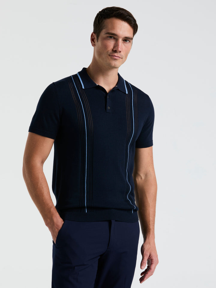 Cotton Mesh Vertical Stripe Print Button Polo (Dark Sapphire)