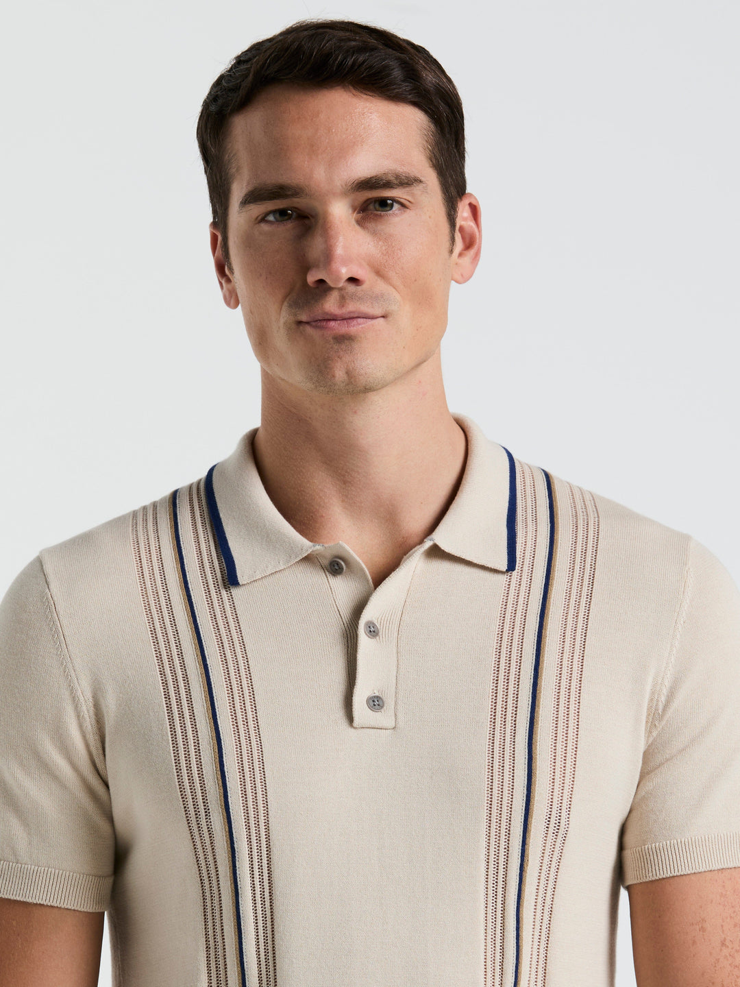 Cotton Mesh Vertical Stripe Print Button Polo (Moonstruck)