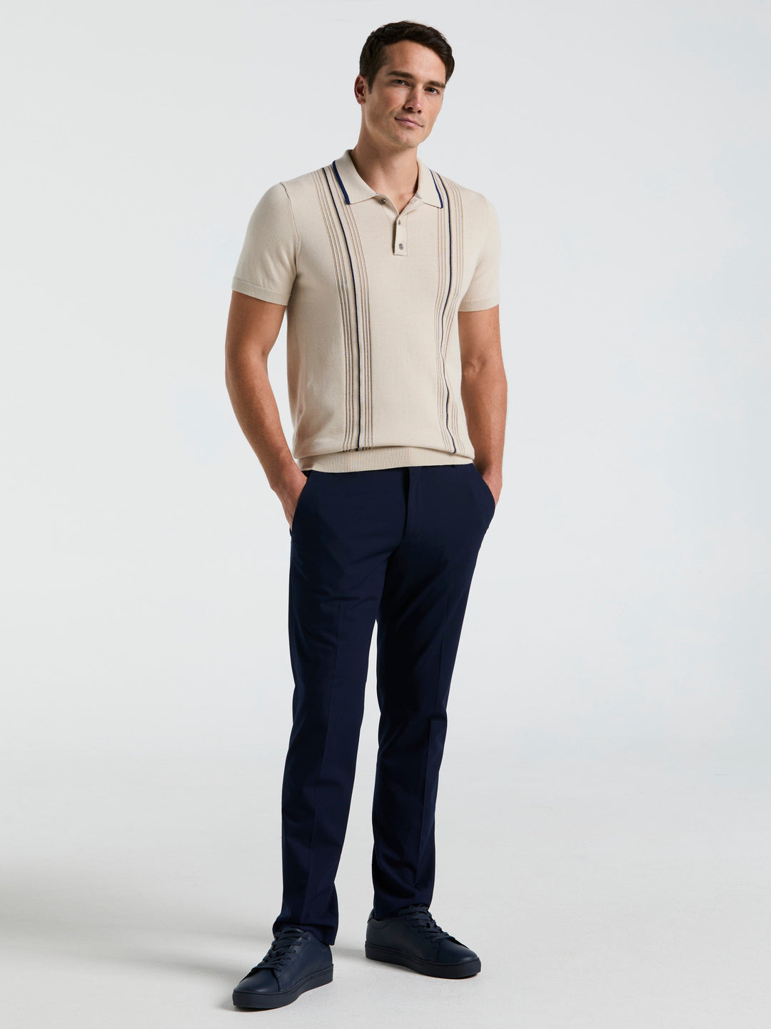 Cotton Mesh Vertical Stripe Print Button Polo (Moonstruck)