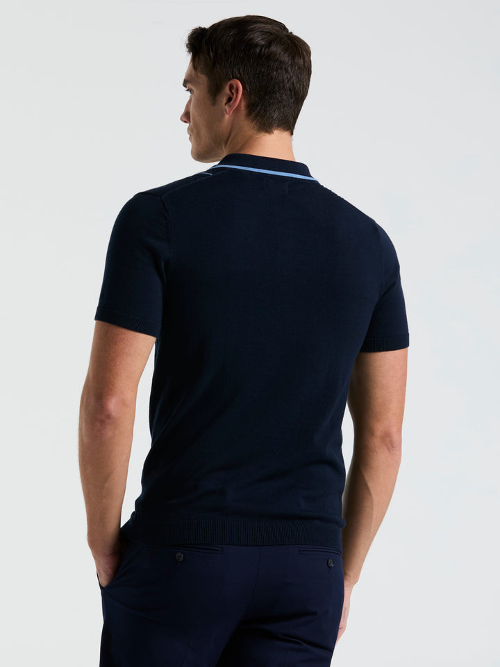 Cotton Mesh Vertical Stripe Print Button Polo (Dark Sapphire)