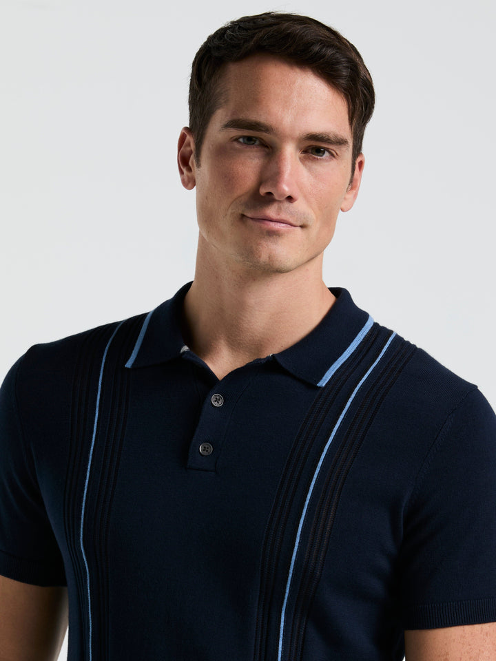 Cotton Mesh Vertical Stripe Print Button Polo (Dark Sapphire)