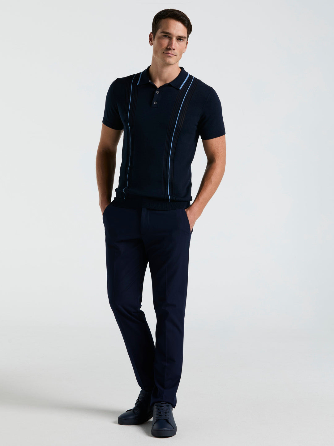 Cotton Mesh Vertical Stripe Print Button Polo (Dark Sapphire)