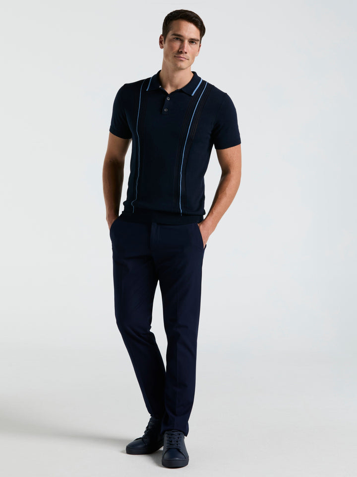 Cotton Mesh Vertical Stripe Print Button Polo (Dark Sapphire)