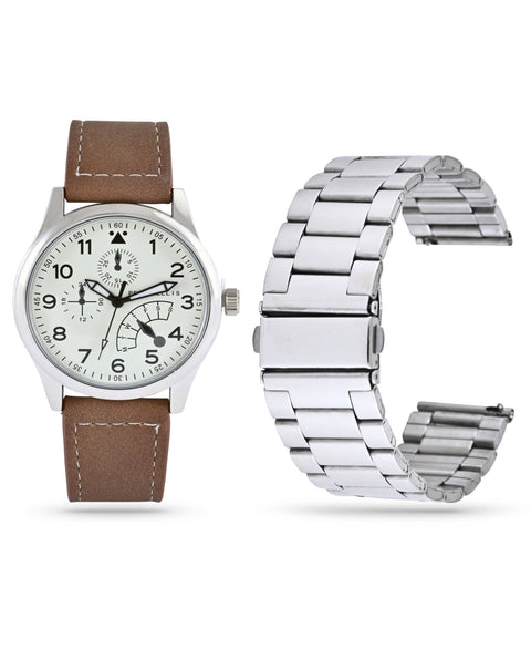 Interchangeable Strap Watch Gift Set (Brown/Silver) 