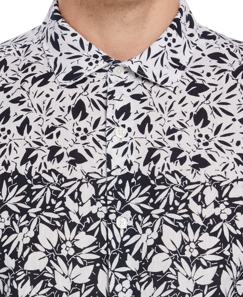 Linen Blend Floral Ombre Print Shirt (Dark Sapphire) 