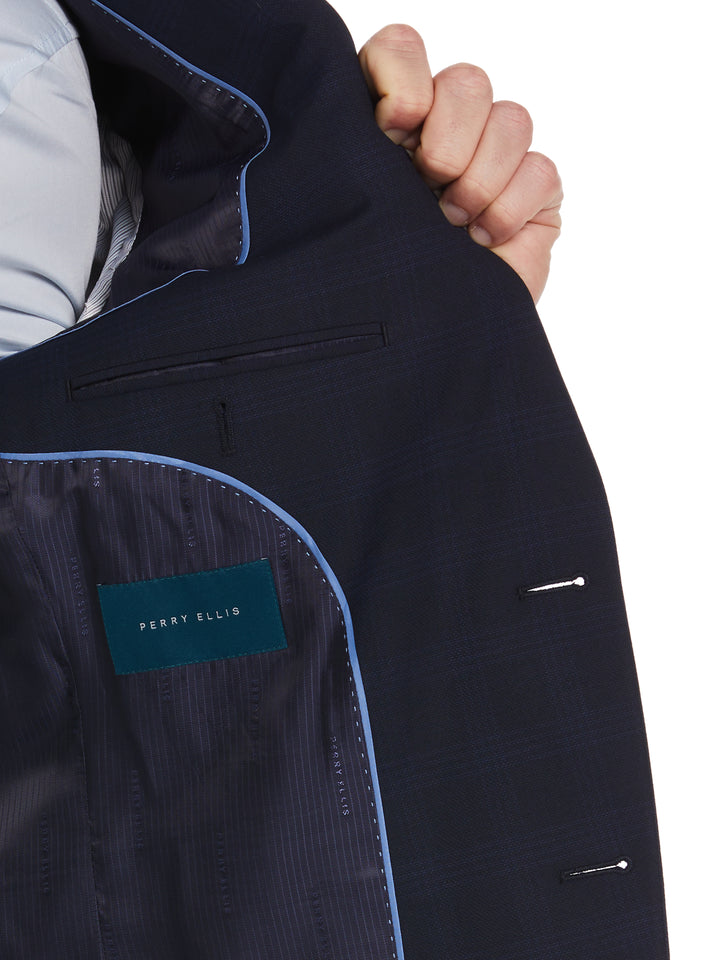 Textured Fashion Plaid Suit Jacket (Navy)