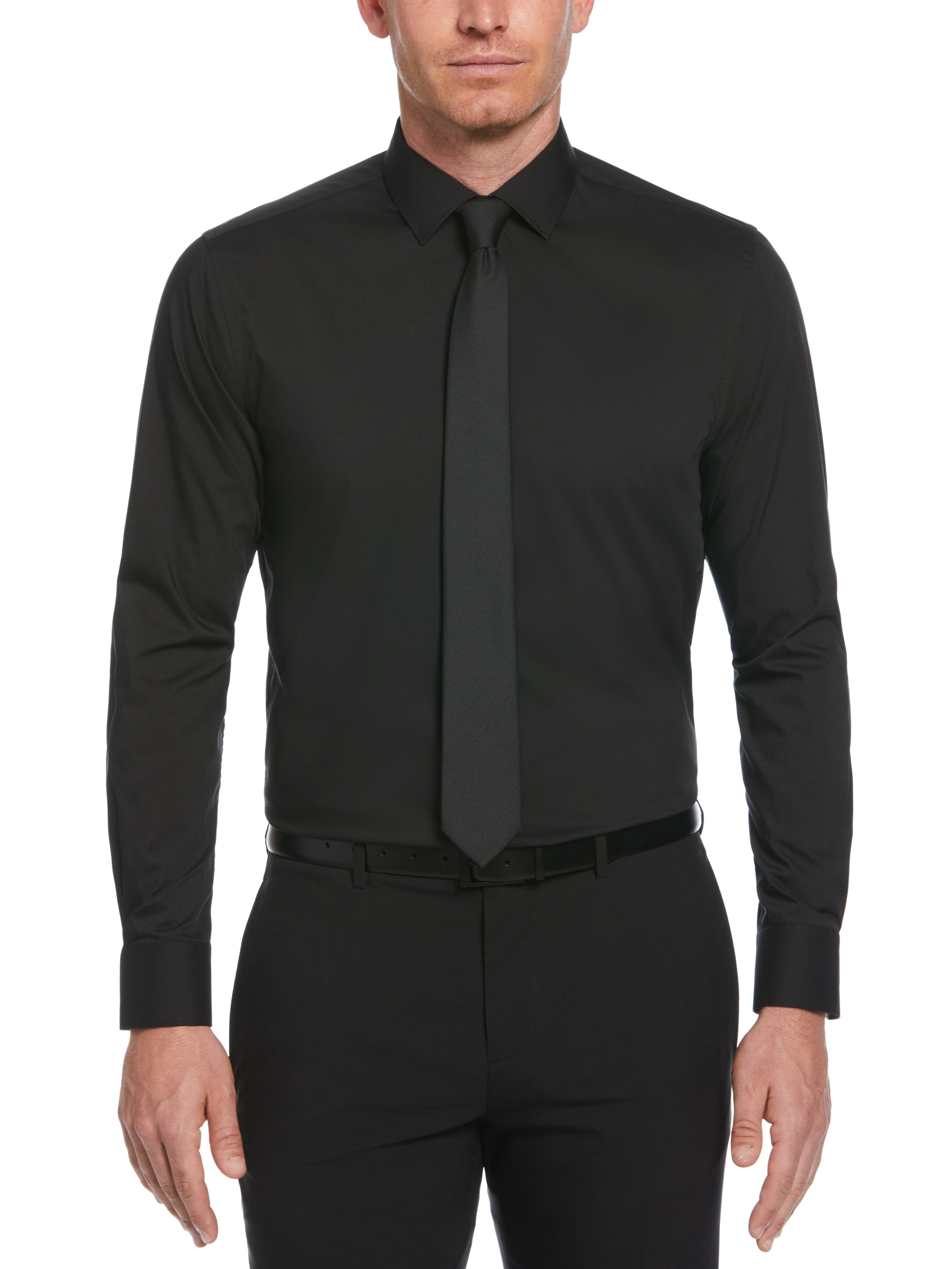 Perry Ellis Outlet Men's Slim Fit Solid Dress Shirt in Black, Size 18.0, Cotton/Polyester/Elastane Long Sleeves