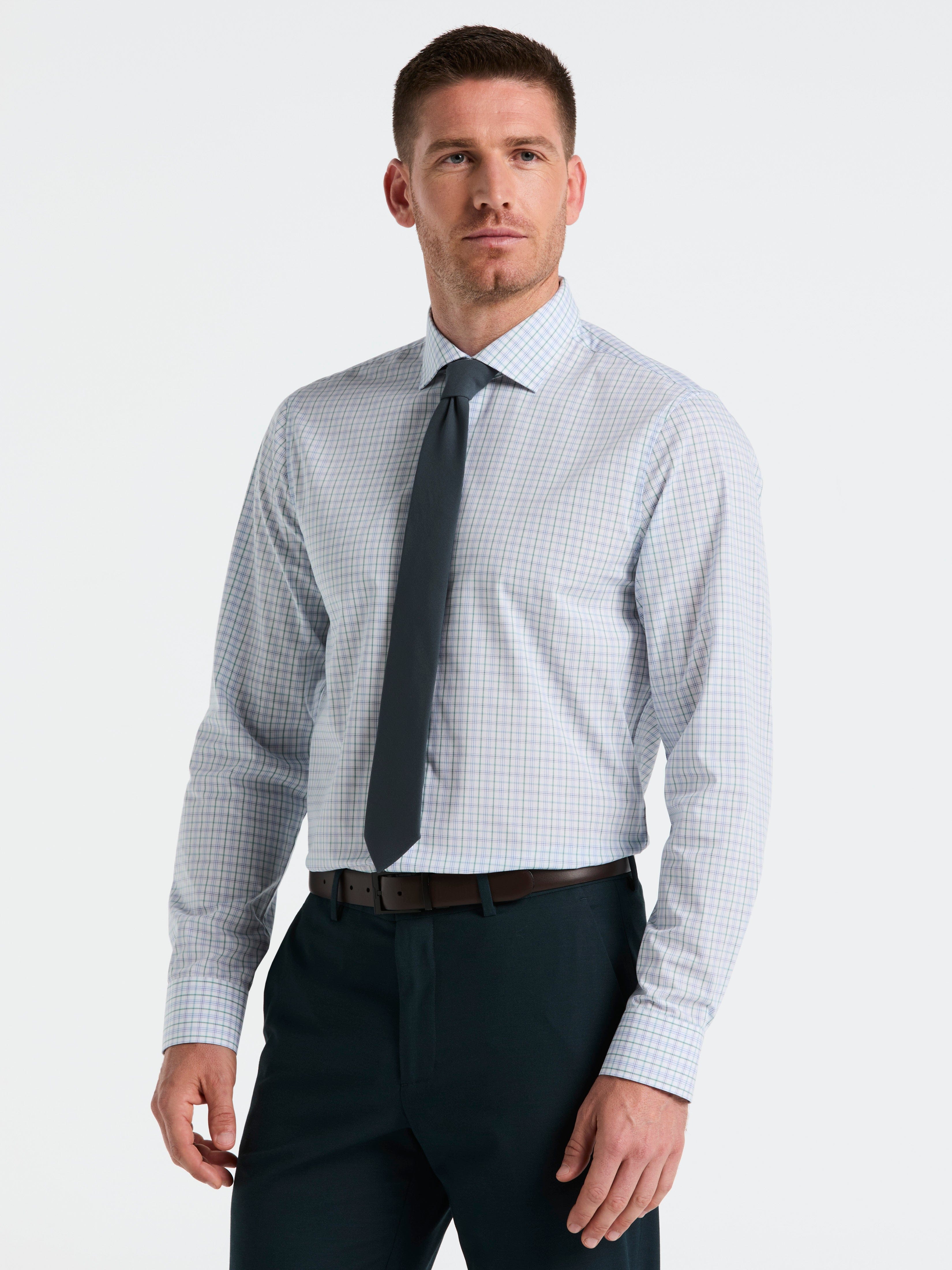 Perry Ellis Outlet Men's Slim Fit Stretch Cotton Blend Plaid Dress Shirt in Blue, Size 18.0, Cotton/Polyester