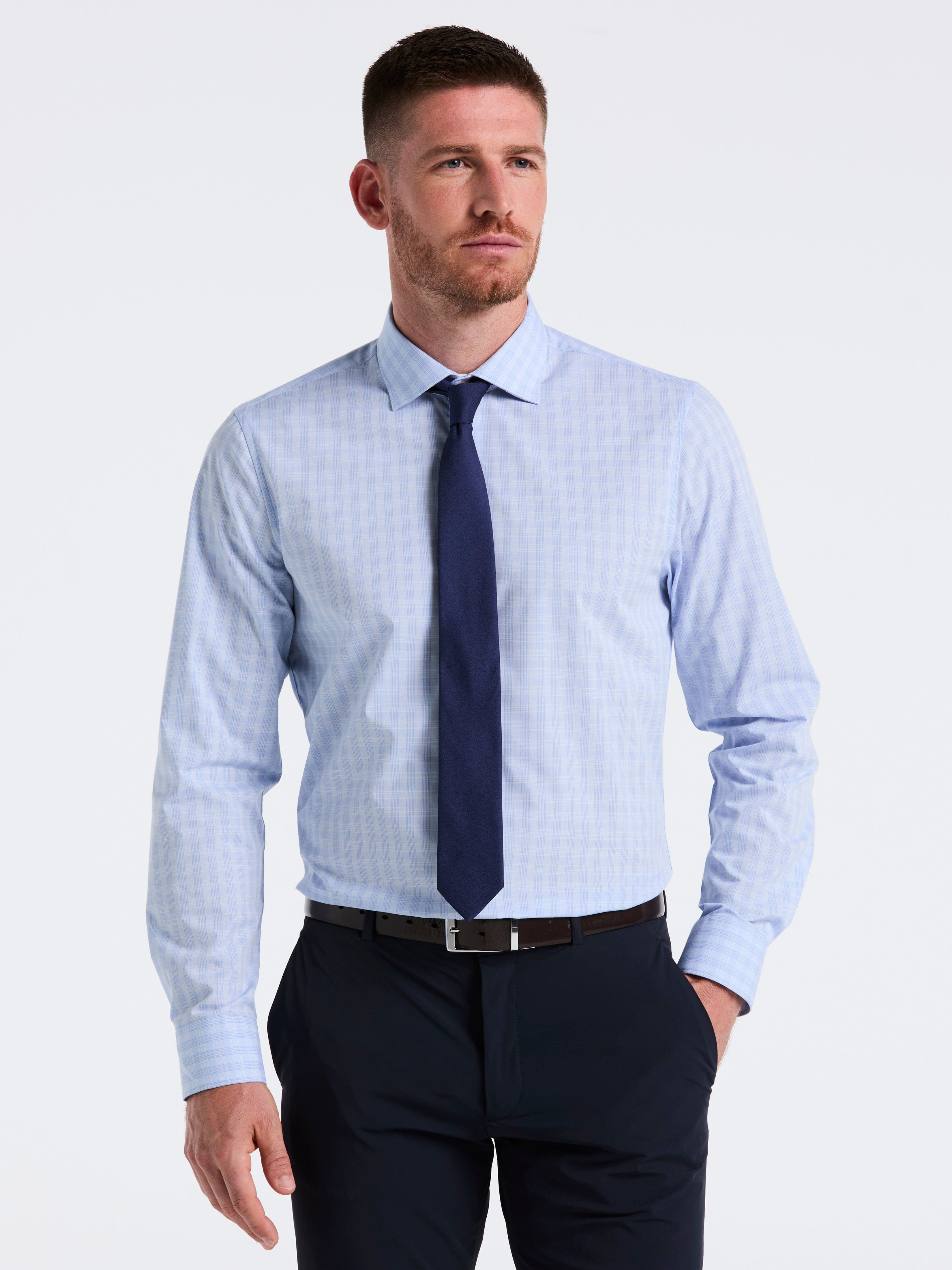 Perry Ellis Outlet Men's Slim Fit Stretch Plaid Dress Shirt in Blue-RT, Size 16.0, Cotton/Polyester