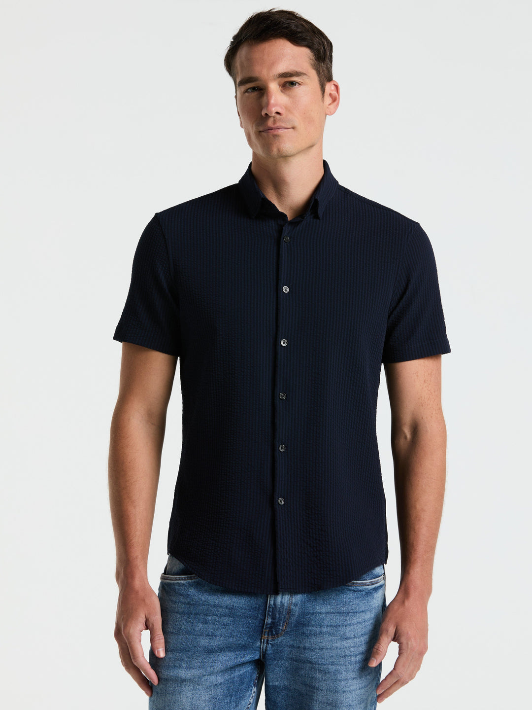 Solid Seersucker Slim Fit Shirt (Dark Sapphire)