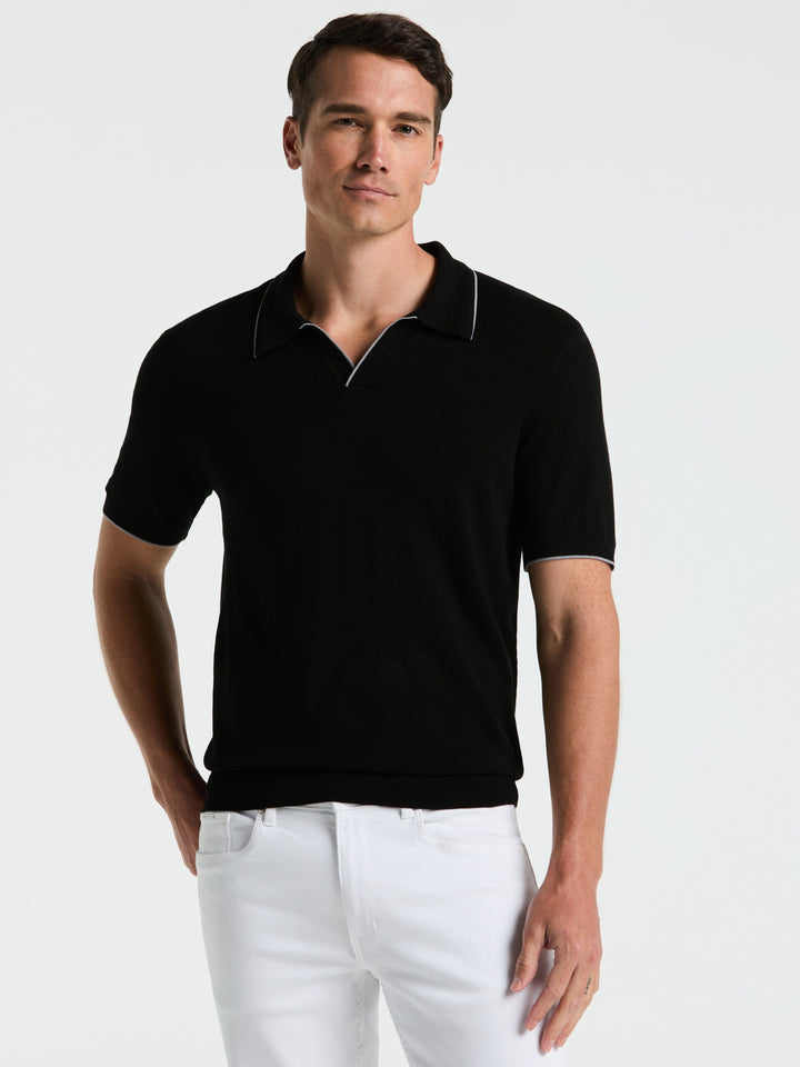 Open Polo Sweater with Tipping Detail (Black)