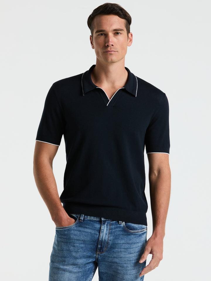 Open Polo Sweater with Tipping Detail (Dark Sapphire)