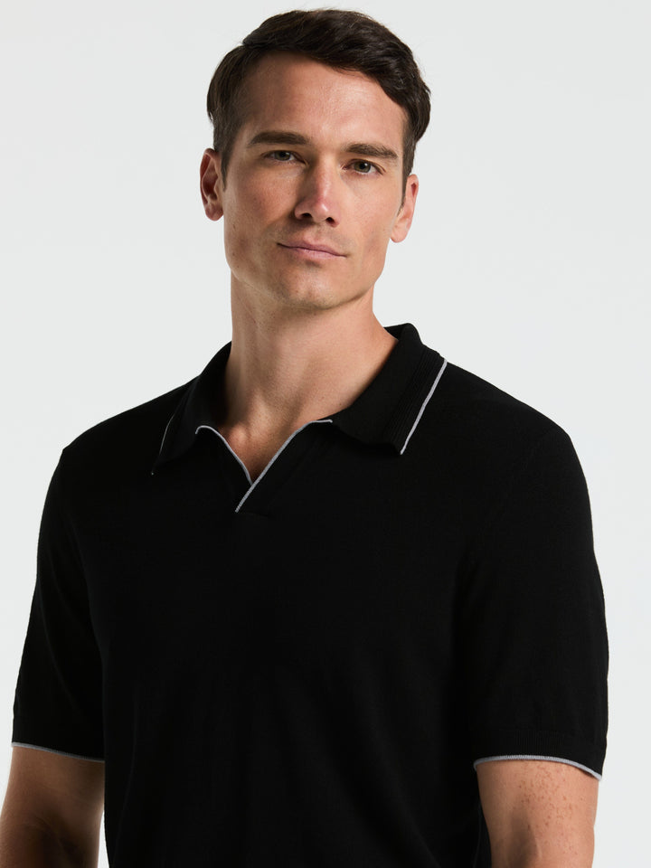 Open Polo Sweater with Tipping Detail (Black)
