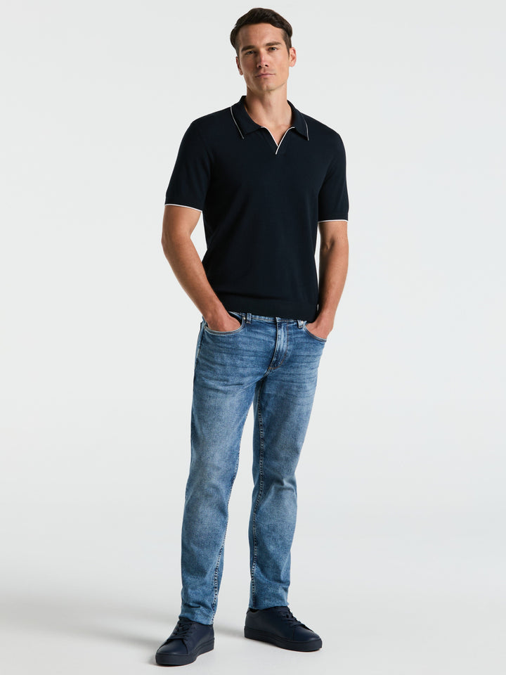 Open Polo Sweater with Tipping Detail (Dark Sapphire)