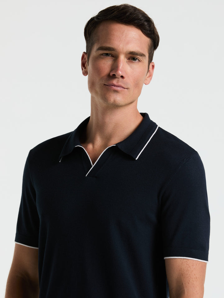 Open Polo Sweater with Tipping Detail (Dark Sapphire)
