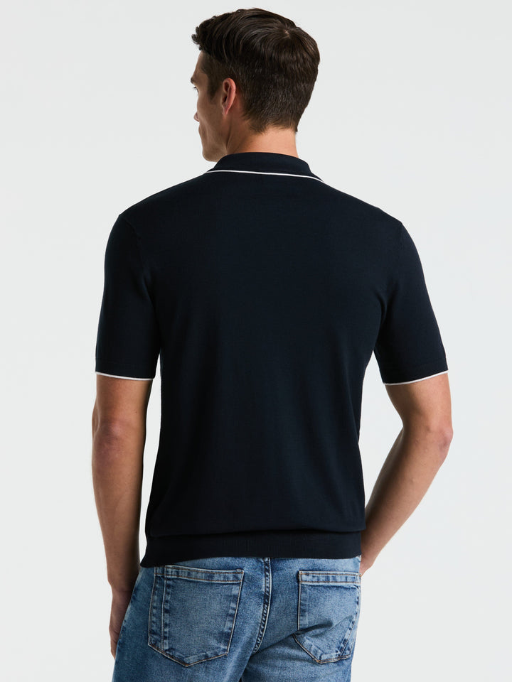 Open Polo Sweater with Tipping Detail (Dark Sapphire)