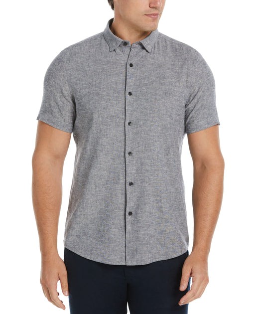 Men s Untucked Linen Heather Shirt Navy Blue Perry Ellis