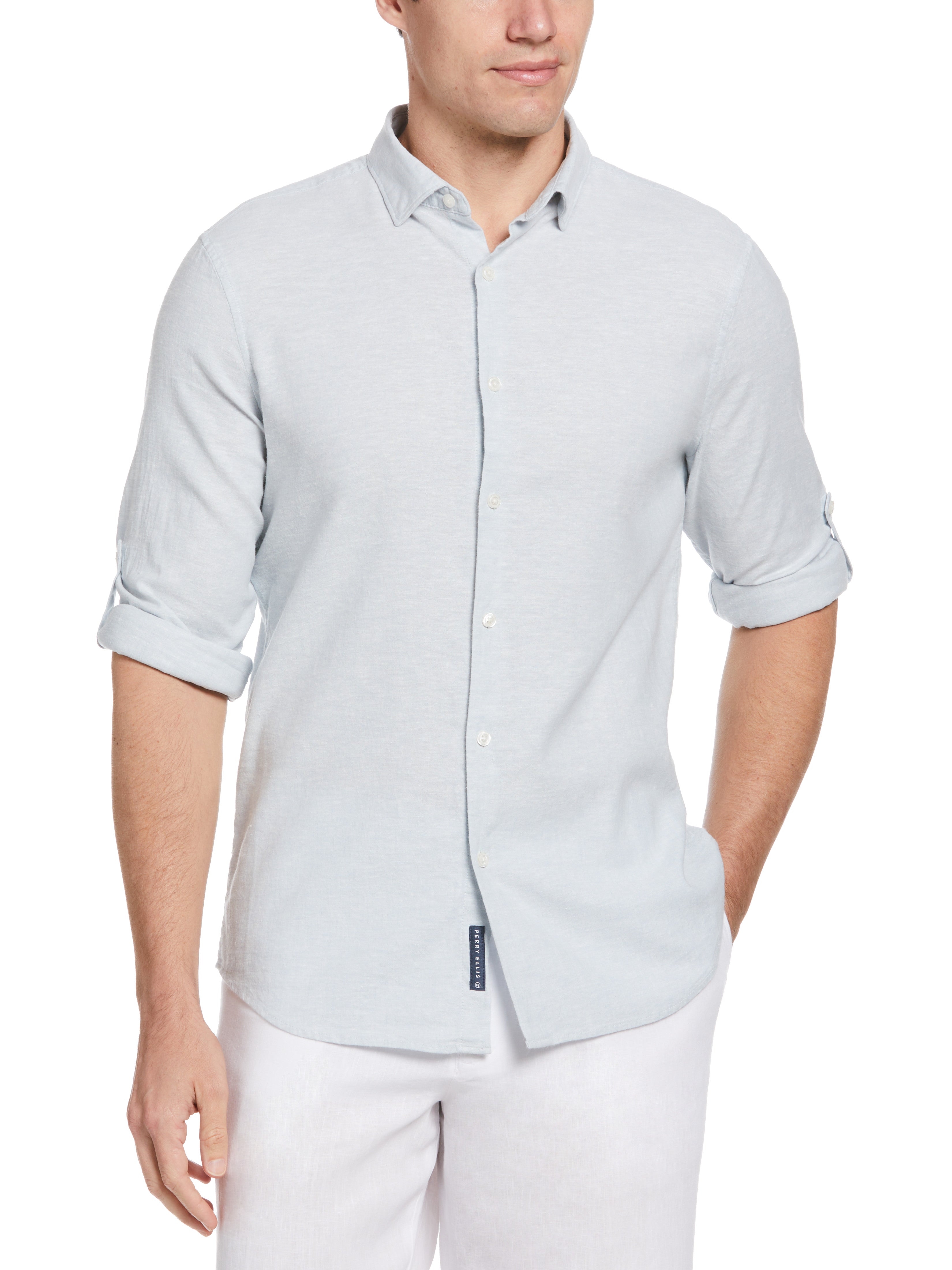 Mens Dusty Blue Dress Shirt Untucked Slim Fit Linen Blend Rolled Sleeve  Shirt  Perry Ellis