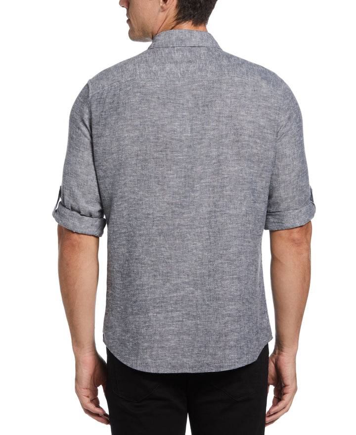 Untucked Slim Fit Linen Blend Rolled Sleeve Stripe Shirt (Navy)