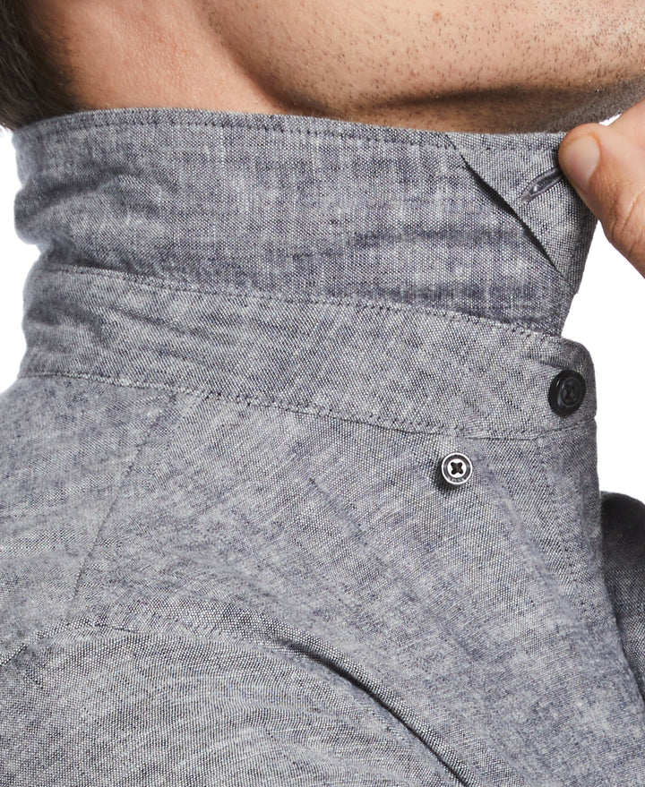 Untucked Slim Fit Linen Blend Rolled Sleeve Stripe Shirt (Navy)