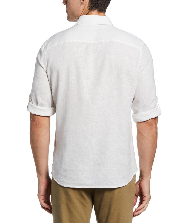 Untucked Slim Fit Linen Blend Rolled Sleeve Stripe Shirt (Bright White)
