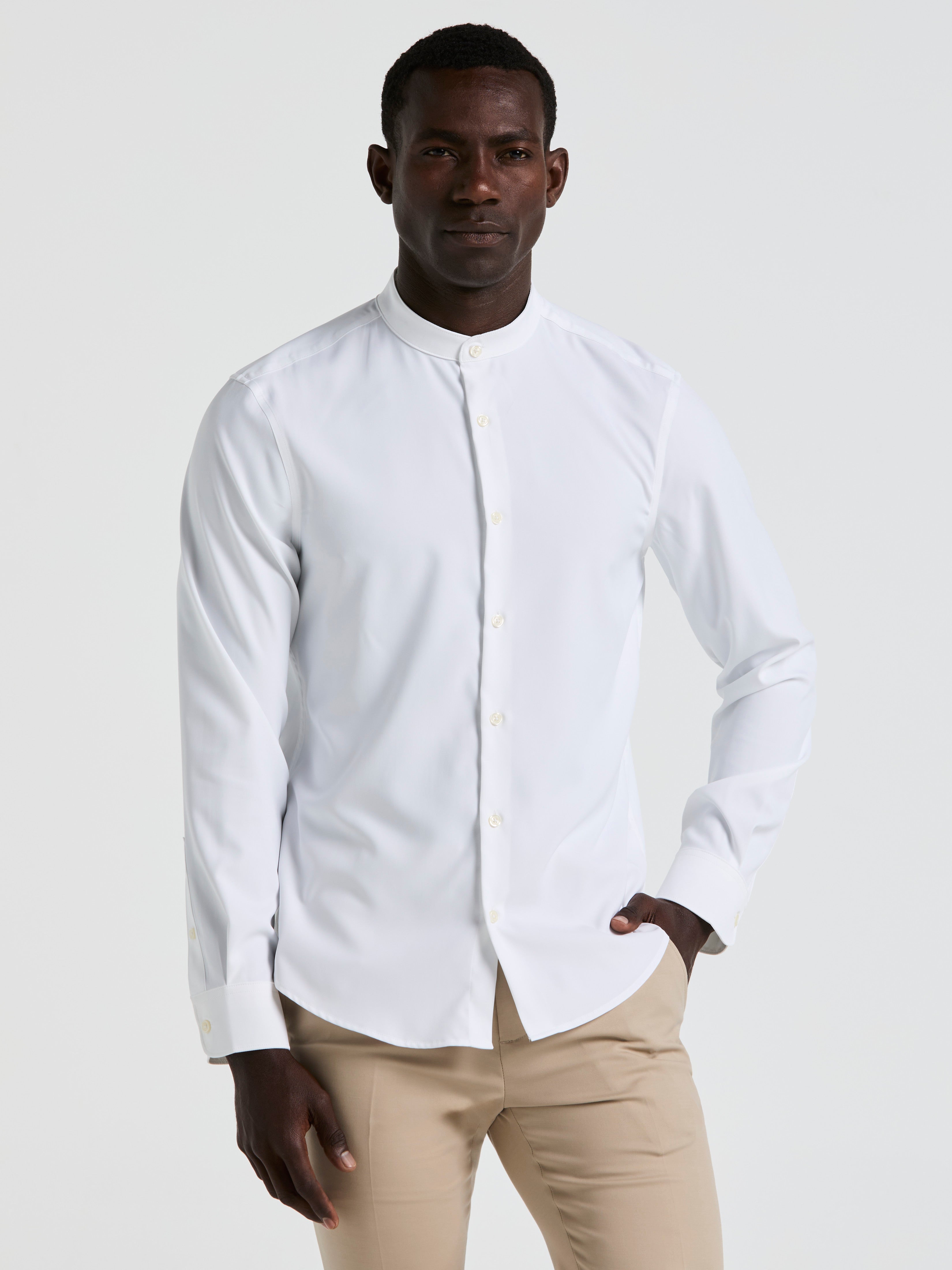 Perry Ellis Outlet Men's Big And Tall Untucked Total Stretch Banded Collar Shirt in Bright White, Size 3XB, 100% Polyester, Solid Long Sleeves