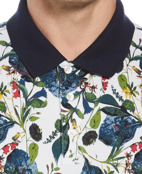 Short Sleeve Wildflower Print Polo Shirt (Bright White) 