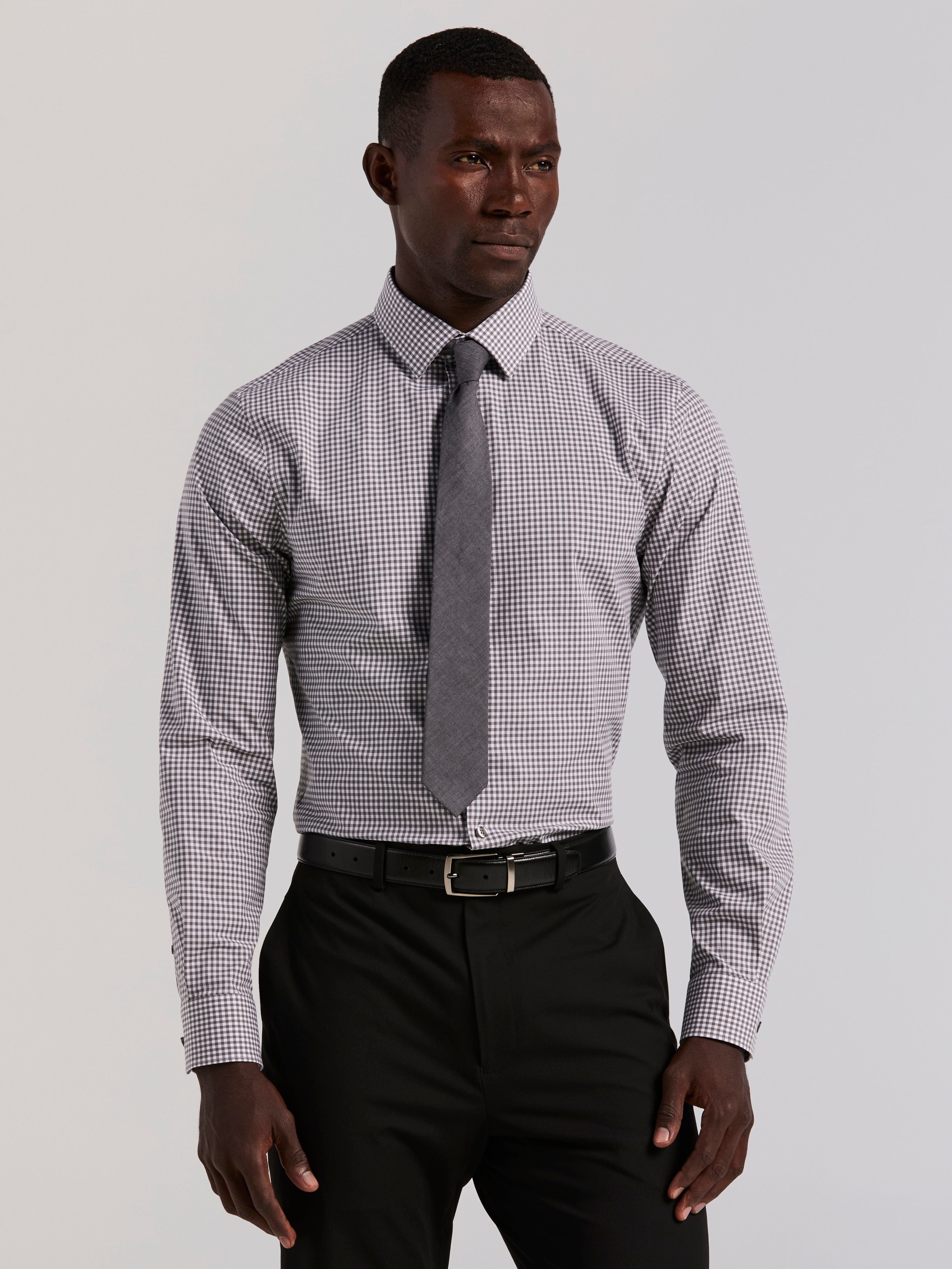 Perry Ellis Men's Slim Fit Gingham Cotton Dress Shirt in Brushed Nickel/Gray, Size 16.5, Cotton/Elastane