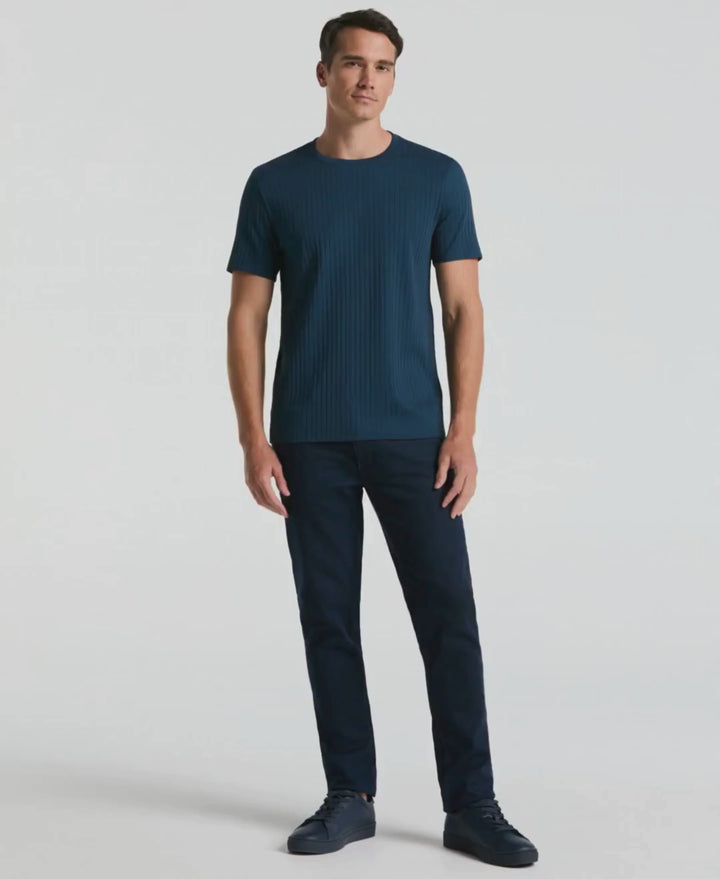 Video of a man wearing the Perry Ellis Ribbed Crew Neck tee in the color Moonlight Ocean