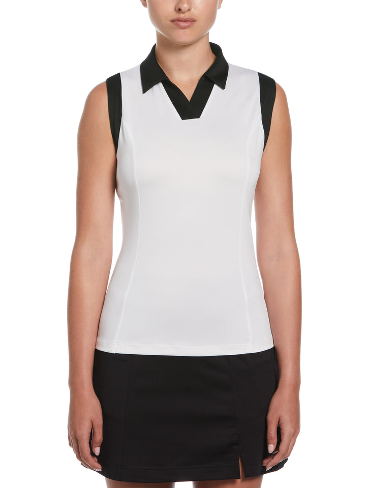 Women's Color Block V-Placket Sleeveless Golf Polo Shirt (Brilliant Wh/Caviar) 