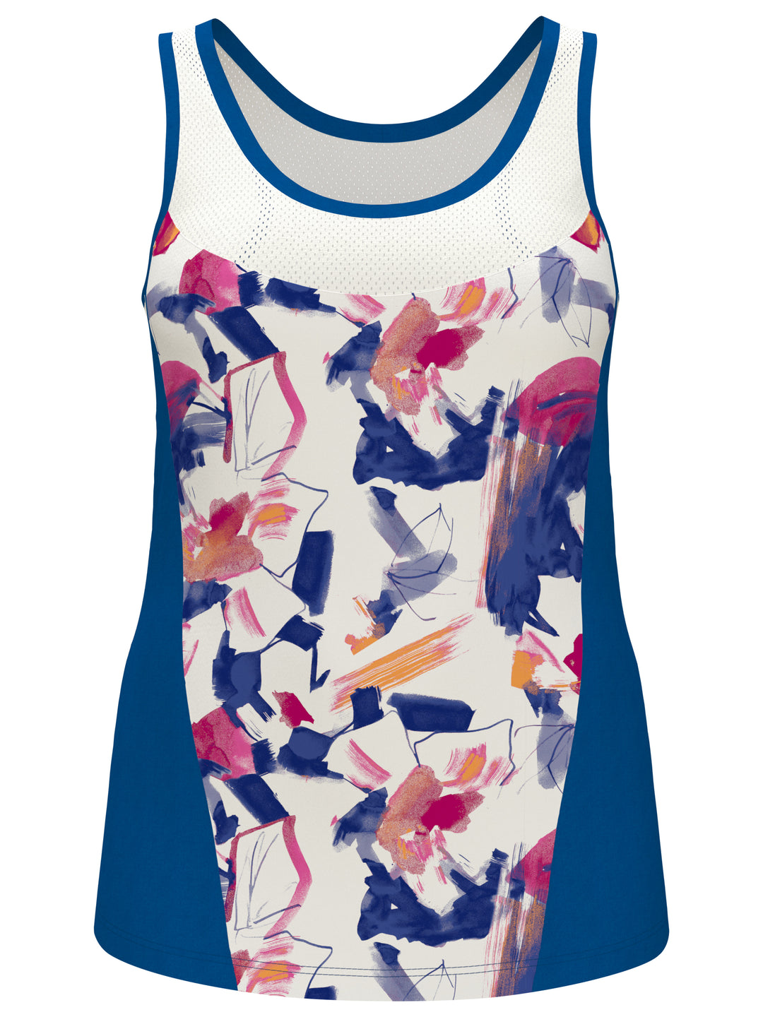 Diffused Floral Print Tennis Tank with Mesh Panels (Brilliant White) 