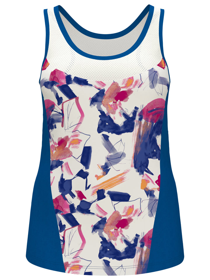 Diffused Floral Print Tennis Tank with Mesh Panels (Brilliant White) 