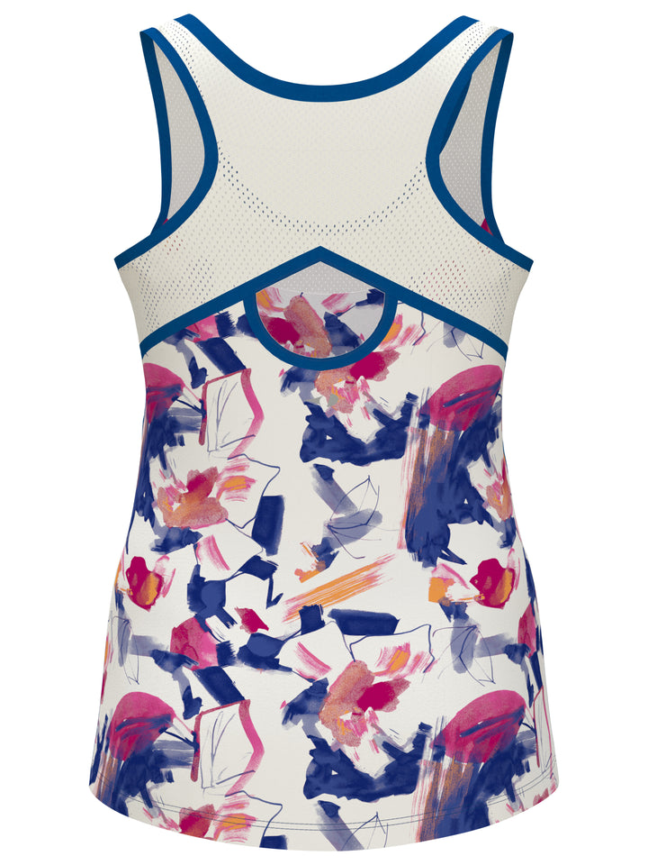 Diffused Floral Print Tennis Tank with Mesh Panels (Brilliant White) 