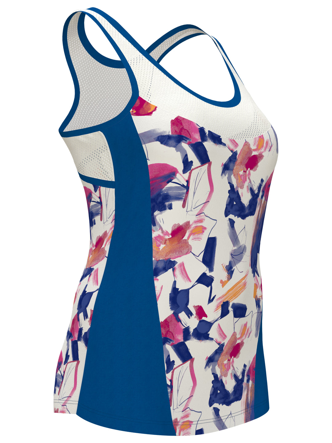 Diffused Floral Print Tennis Tank with Mesh Panels (Brilliant White) 