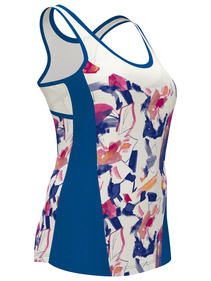 Diffused Floral Print Tennis Tank with Mesh Panels (Brilliant White) 