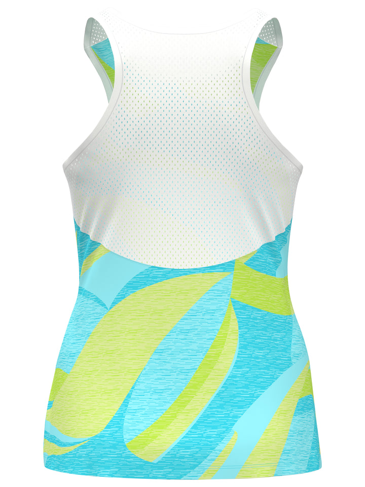 Wave Printed Asymmetrical Tennis Tank with Mesh Back (Blue Curacao) 