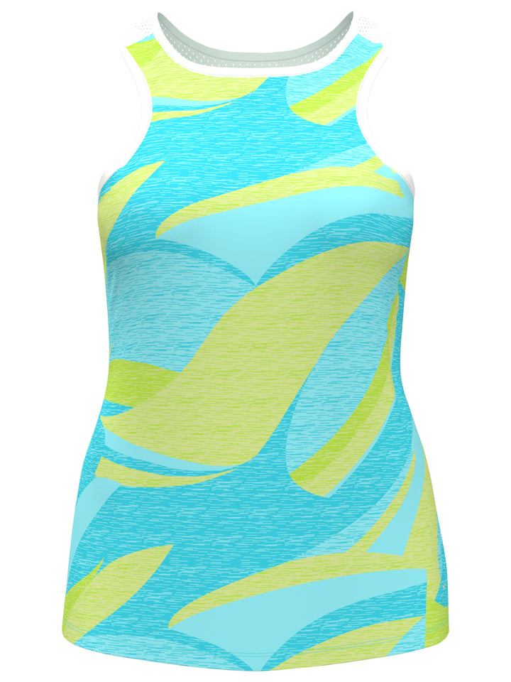 Wave Printed Asymmetrical Tennis Tank with Mesh Back (Blue Curacao) 