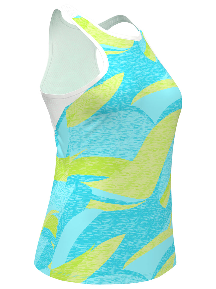 Wave Printed Asymmetrical Tennis Tank with Mesh Back (Blue Curacao) 
