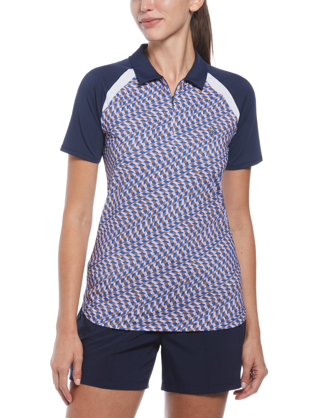 Womens Color Block Optical Print Polo Shirt (Black Iris) 