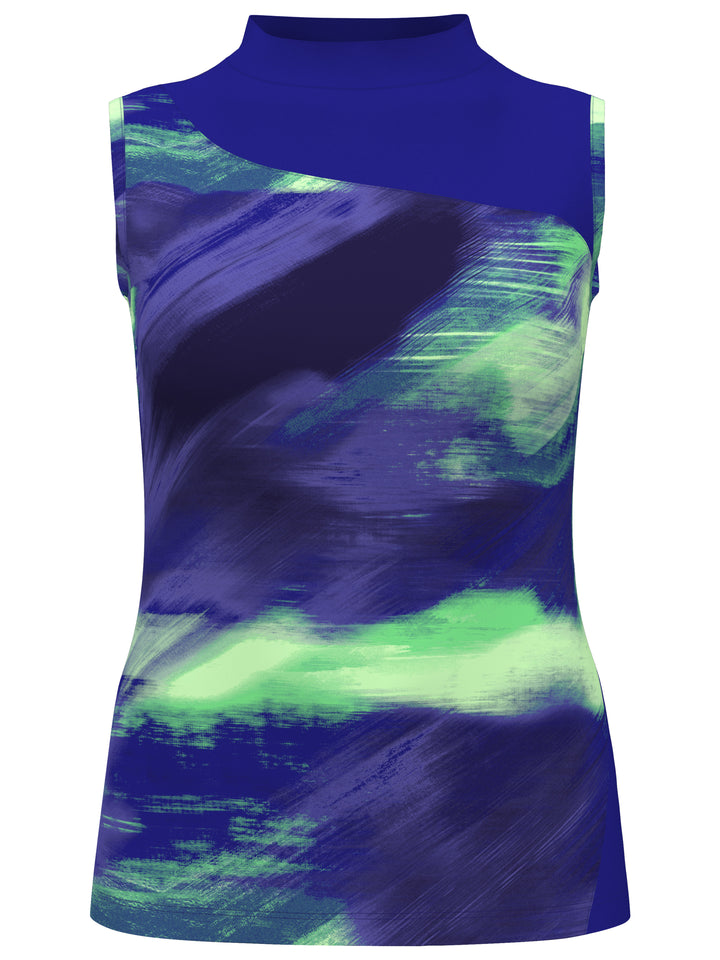 Brushed Abstract Print Golf Shirt with Asymmetrical Blocking (Bluing) 