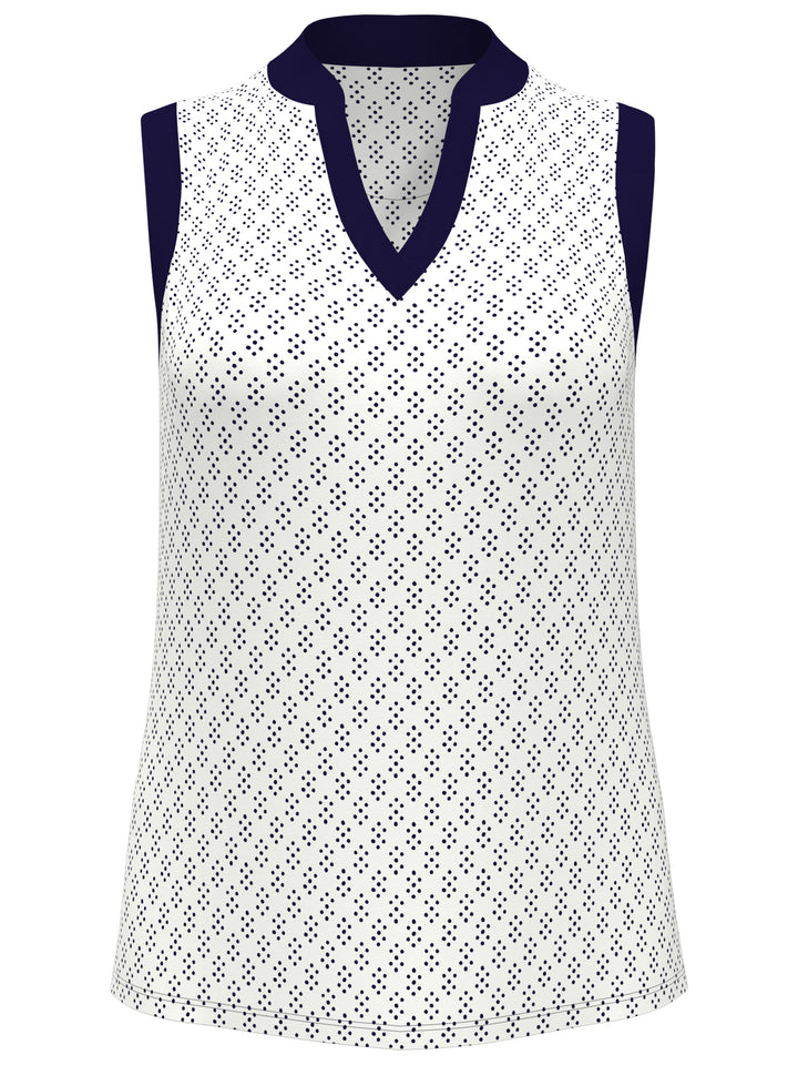 Geo Print Golf Shirt with Mandarin Collar (Bright White) 