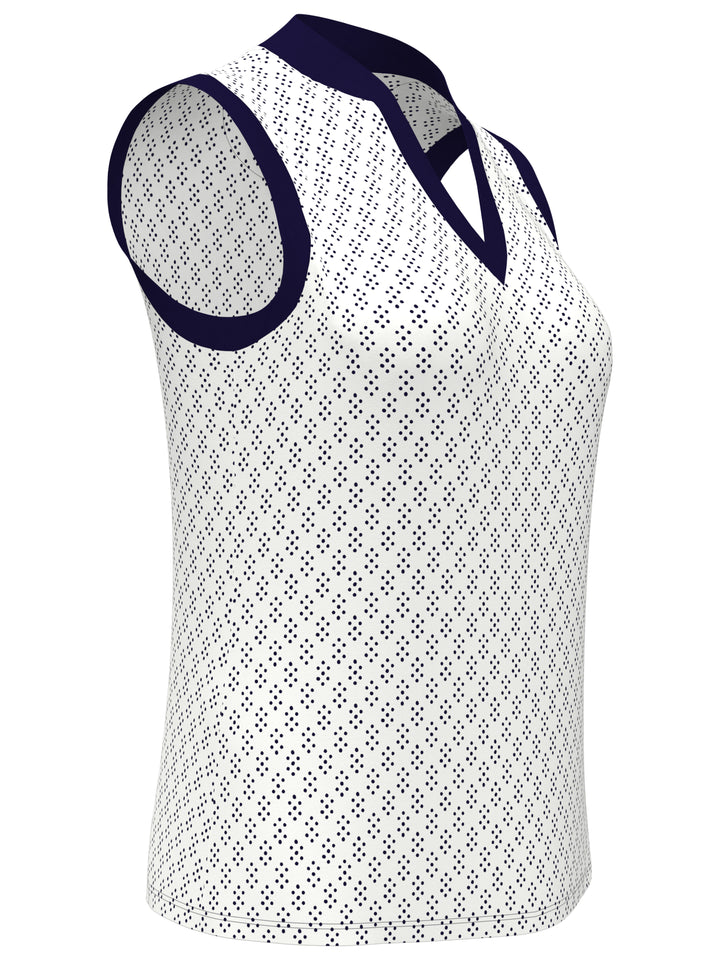 Geo Print Golf Shirt with Mandarin Collar (Bright White) 